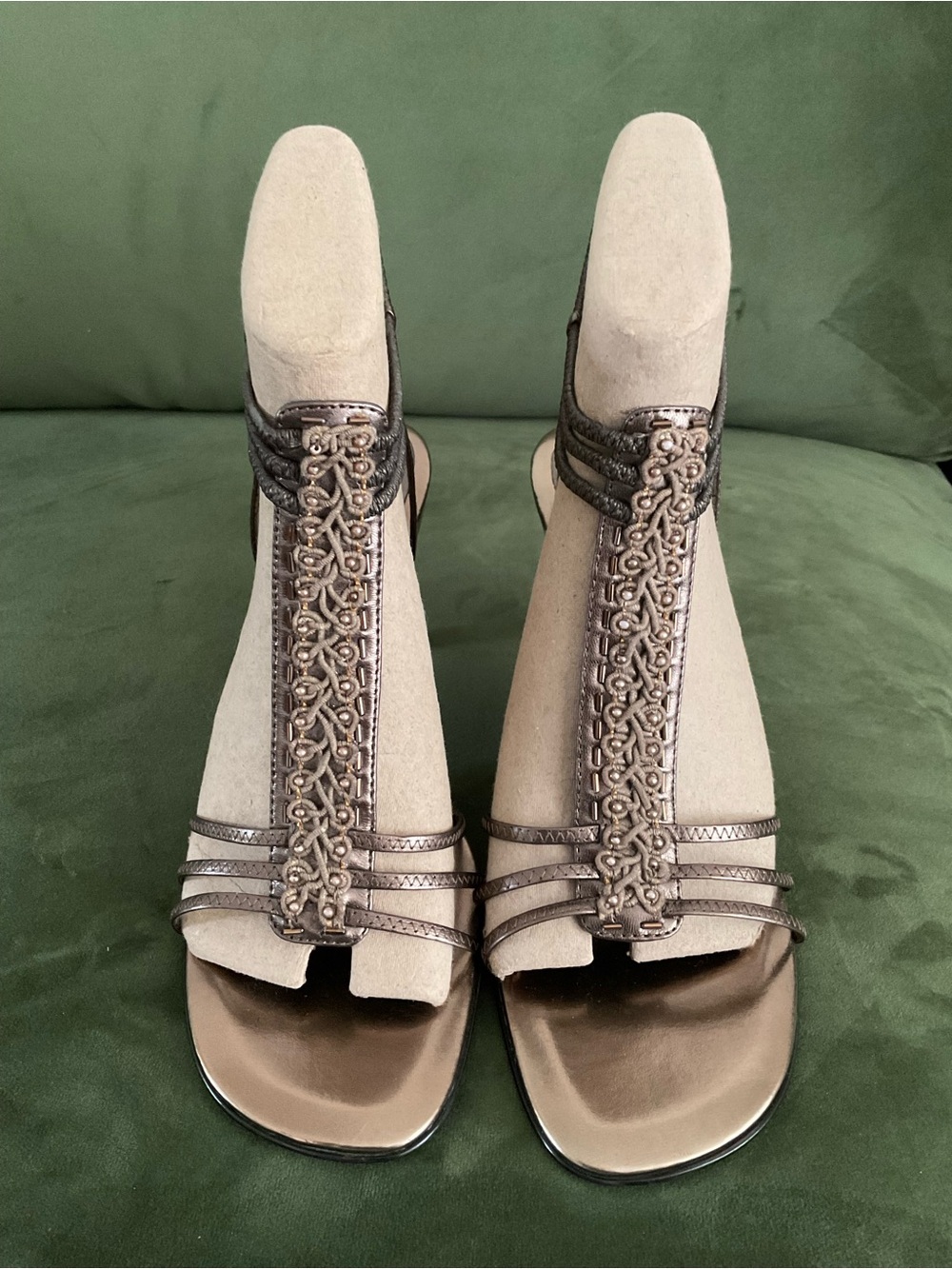 Nine West Metallic Taupe Braided T-Strap Heels